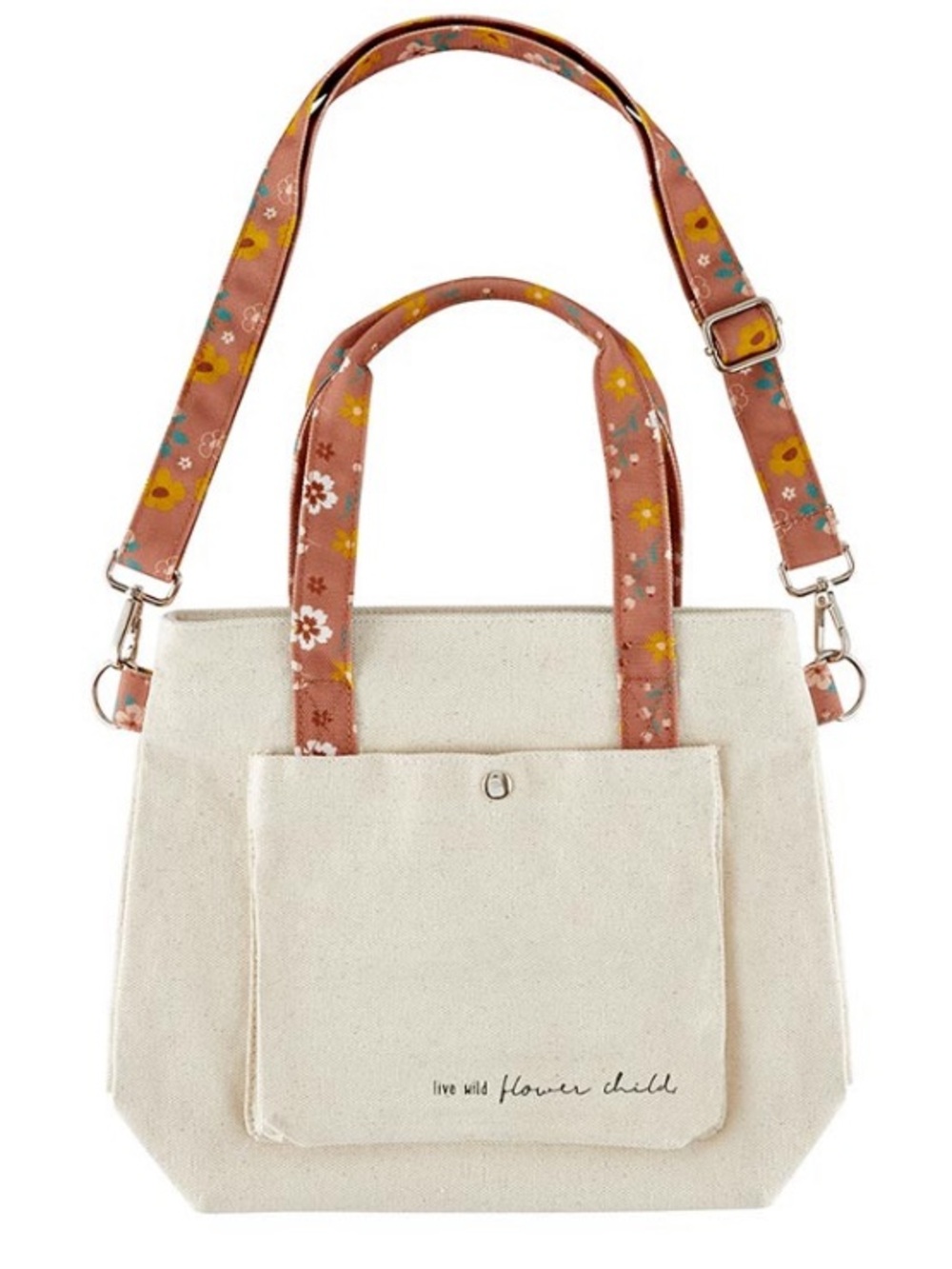 Flower Child Canvas Tote Bag with Floral Straps